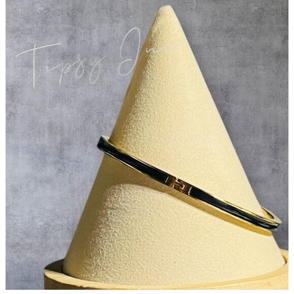 Tory Burch Black and Gold Enamel Logo Hinged Bracelet - Picture 6 of 6